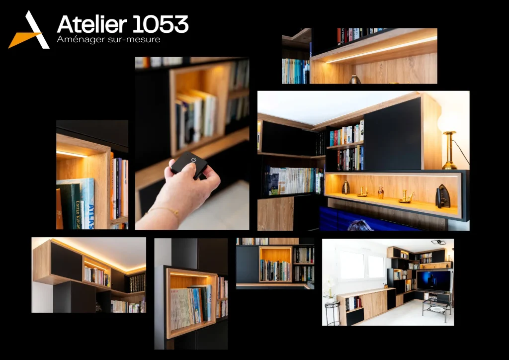 bibliothèque bois clair et noir mat