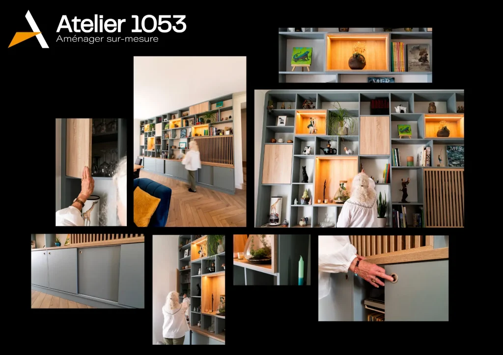 bibliothèque sur mesure bois clair et vert