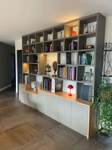 Bibliothèque d’angle, Meuble TV et Rangements fermés toute hauteur noir & bois