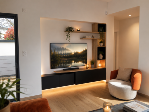 Composition TV murale sur-mesure en chêne et noir avec touche d'élégance