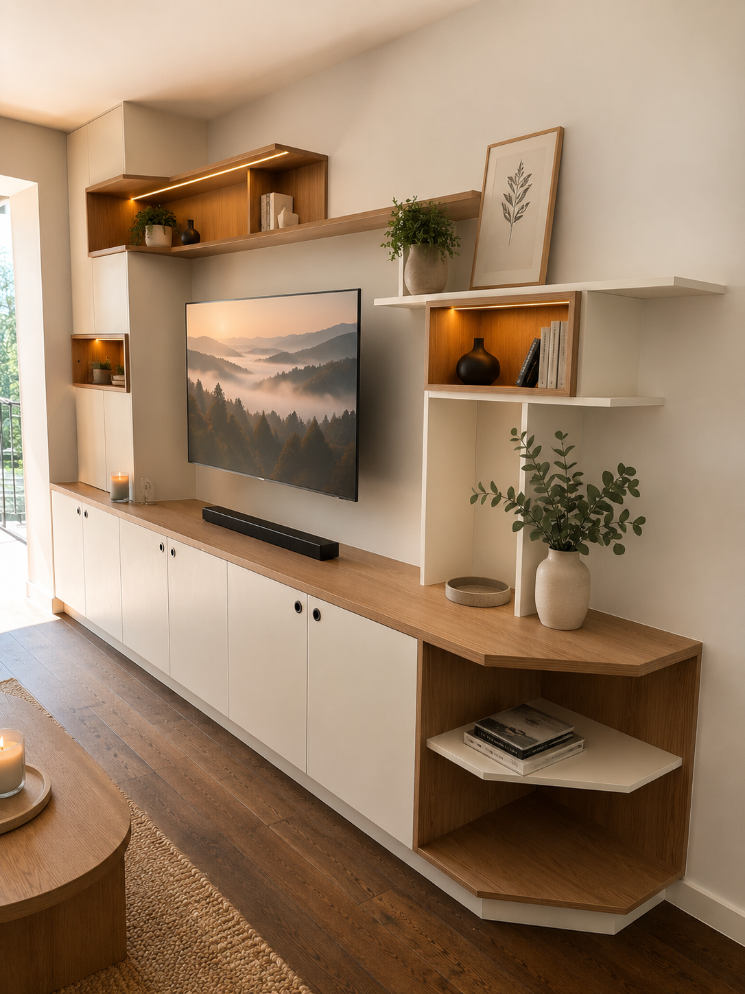 Meuble TV mural destructuré sur-mesure avec niches lumineuses